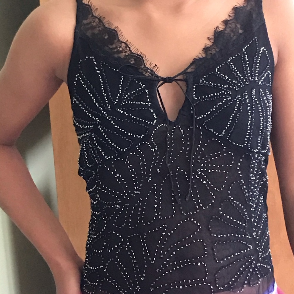 Free People Sm Beaded Sheer Black Racerback Cami - Picture 1 of 16